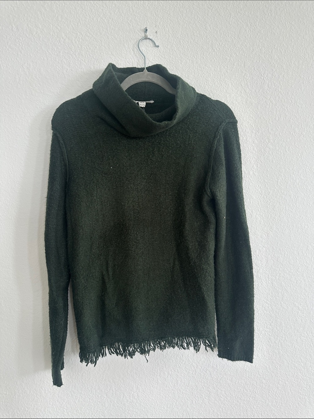 beachlunchlounge Dark Green Cowl Neck Sweater with Fringe Hem